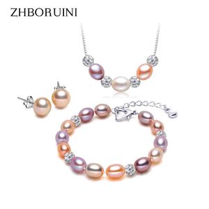 Collane Zhboruini Collana di moda Set di gioielli di perle Perle naturali Goccia di perle Sterling Collana Orecchini Pendenti per le donne