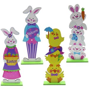 25 cm Easter Wood Tall Bunny Chick Tabletop Ornament Centerpiece bordsskylt Stå upp plack figurer trädgård hem dekor fest favorit q884