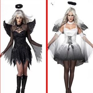 Branco preto diabo caído anjo traje feminino sexy roupas de festa de halloween trajes adultos fantasia vestido cabeça wear wing254c