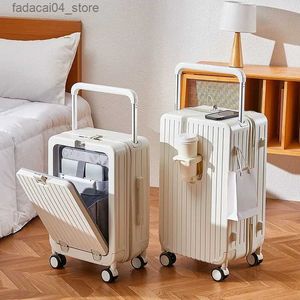 Suitcases New Wide Handle Front Opening Rolling Luggage USB Cup Holder Suitcase Carry-on Travel Bag Cabin Trolley Case Travel Suitcase Q240115