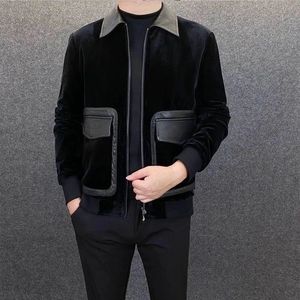 Outono inverno canário veludo lapela splice jaqueta de couro masculino moda coreano bolsos duplos zíper roupas masculinas casaco quente 240115