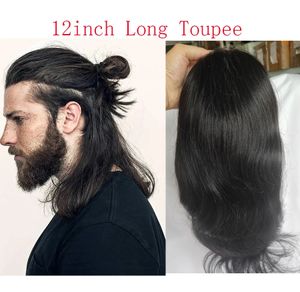 12 Long Toupee för män 100% Virgin Human Hair Replacement System för män 10x8 Basstorlek Swiss Spets Front With Pu Toupee Hair240115