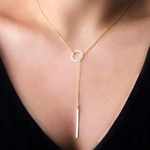 Romantiska kvinnliga tillbehör Fashion Plated Metal Chain Bar Circle Lariat Necklace Long Strip Pendant Halsband smycken198m