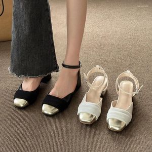 Slippers Cover Toe Square Heel Med Shoes Woman 2024 Summer Pantofle Block Slides Rome Hoof Heels PU Scandals Basic Wom