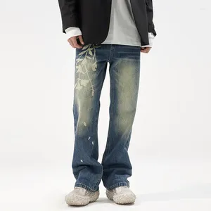 Calças masculinas jeans para homens outono inverno ligeiramente queimado marca na moda impressa calças soltas high street