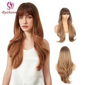 Women'S Synthetic Hair With Large Waves Straight Bangs Long Curly Hair Water Wave Heat Resistant Fiber Wig Cover240115