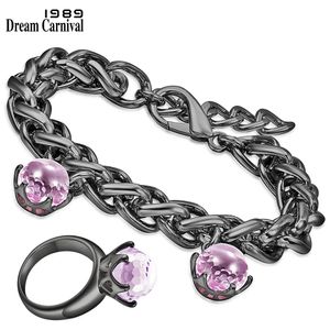 DreamCarnival1989 Black Pink Jewelry Set for Women Thick Weaving Charm Bracelet n Solitaire Ring Valentine Love Gift BR11498PKS2 240115