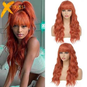 Synthetic Wigs X-TRESS Synthetic Ginger Red Wavy Wig with Air Bangs 20 Inch Hair Wave Curly Cosplay Wig for Girls Gift Daily Use Colorful Wigs Q240115
