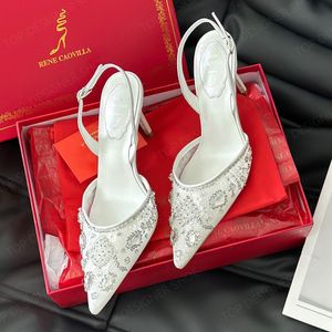 Rene Caovilla Rhinestone High Heels Sandal Kristal Slingback Pompalar Ayakkabı Stiletto Topuk Lüks Tasarımcı Yüksek Topraklı Parti Gelinlik Ayakkabı Ayakkabı 9.5cm Kutu