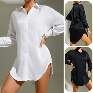 Women's Sleepwear Women Satin Shirt Nightdress Gown Summer Nightgown Long Sleeve Bathrobe Nighty Loungewear