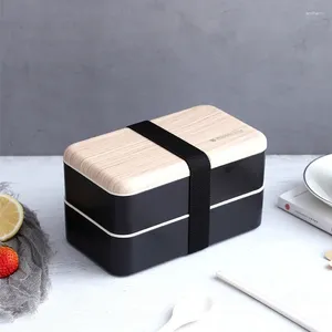 Dinnerware 1200ml Fashion Wooden Cover Lunch Box With Spoon Double Layer Portable Microwave Bento Healthy Plastic Container