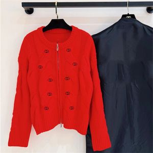 Kvinnors tröja designer kläder vinter röd stickad cardigan blixtlås brev broderi ljus lyx elegant glad