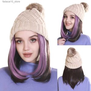 Synthetische Perücken Frauen Hüte Beanie Hut stricken mit kurzen glatten Haaren Perücke Winter Kopfschmuck mehrfarbig Q240115