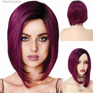 Sentetik peruklar gnimegil sentetik bordo peruk kadın için kısa bob peruk saç kesimi yumuşak düz saç modeli mor kırmızı ombre peruklar doğal görünümlü q240115