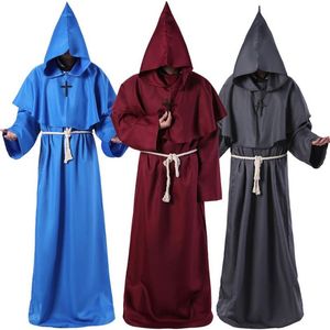 Medeltida Monk Clothes Theme Costume Wizard Priest Death Robe Cosplay Rollspel Halloween kostymer med midjelinje och Cross Pendan245V