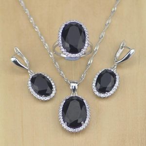 Collane Donna Sterling Sier Gioielli Nero Cz Set di gioielli in cristallo bianco Orecchini/pendente/collana/anello Taglia 6 7 8 9 10 T231