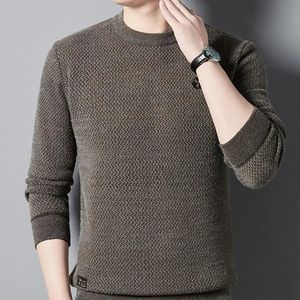 Mens Warm Cozy Lined Crewneck Top Winter Plush Thickened Round Neck Loose Fitting Mens Solid Color Versatile Warm Knit Sweater 240113