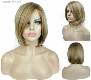 Syntetiska peruker kvinnor bob peruk kort rak syntetisk naturlig blondinblandning belyser dagliga hår Q240115