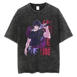 Mens T Shirts Anime Jujutsu Kaisen Black Washed Tshirt Harajuku Summer Short Sleeve Cotton Tees Vintage Streetwear Fushiguro Toji T-shirt