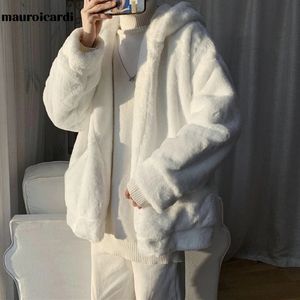 Mauroicardi Winter Oversized White Faux Fur Coat Men with Hood Long Sleeve Zipper Casual Loose Fluffy Jacket for Men Style 240115