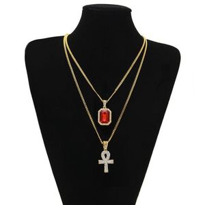 Herr Fashion Hip Hop Jewelry Gold Chain Rhinestone Red Ruby Cross Pendant Necklace Set178m