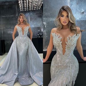 Lindo vestido de casamento sereia, sem mangas, sem alças, vestido de noiva, borla de cristal, vestidos de trem destacáveis para noiva, feito sob encomenda