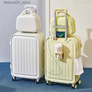 Suitcases 2023 Nowy kombinacja walizki USB Port ładujący z kubkiem Uchwyt duża pojemność wózka podróżna bagaż Rugged Lockbox Q240115