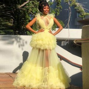 Casual Dresses Arrival See Thru Yellow Party Tiered Tulle Sleeveless Formal Occasion Dress Customized Black Girls Long Prom Gowns