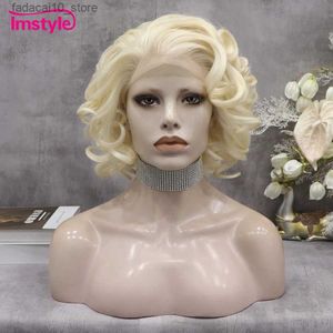 Synthetic Wigs Imstyle Blonde Wig Short Cosplay Wigs Platinum Synthetic Lace Front Wig For Women Natural Wavy Heat Resistant Fiber 10 Inch Q240115