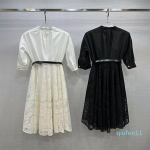 Womens Dress European Fashion brand Black and white cotton butterfly pattern lace stand dress