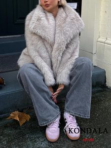 KONDALA Vintage Faux Fur Oversized Coats Women Fashion 2024 Autumn Winter Thick Warm Jackets Casual Pockets Elegant Outwears 240115