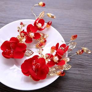 Headbands Chinese Hairpins Bride Hair Clips Chinese wedding Hair Accessories for Women Red Flower Barrette Bride Marriage Headwear Jewelry