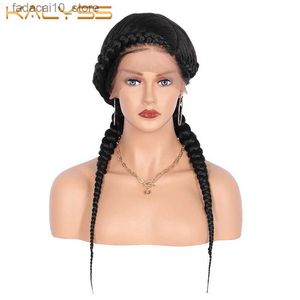Synthetic Wigs Kalyss 24'' Fully Hand-Braided Swiss Lace Front Dutch Twins Braided Wigs with Baby Hair for Women No Split End Black Braided Wig Q240115