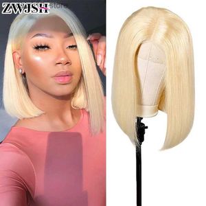 Synthetic Wigs 13x4 Lace Frontal Short Bob Wig 613# for Women Remy Brazilian Human Hair Transparent Lace Light Blonde Color Gluelss Pre Plucked Q240115