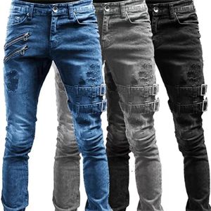 Retro Moto Biker Straight Elastic Jeans Men Zipper Hole Streetwear Punk Skinny Denim Cargo Pants Pantalones Hombre Y2K kläder 240113