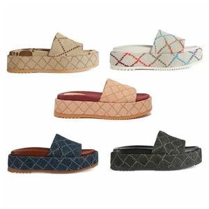 Designer chinelos mulheres moda bordada lona slides sandálias meninas 55mm plataforma chinelo marrom branco preto deslizamento flops praia slide homens sandália