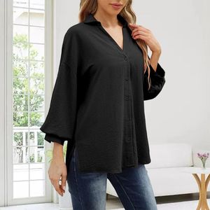 Kvinnor BLOUSES BOMULL LINEN SOLID SHIRT V NACK CASSIELL SPART SLEEVE Bekväm lös Autumn Summer Top Busa Mujer Moda 2024