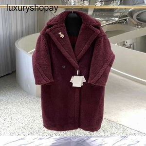 Designer Maxmaras Teddy Bear Coat Womens Cashmere Coats Wool Winter 2024 New M Family samma vin röd päls partikel kamel fleece medium lång co