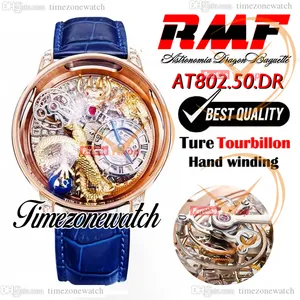 RMF AT802.50.dr astronomia Tourbillon Mechanical Mens Watch Iced Out Paled Baguette Diamonds Yellow Gold 3D Art Dragon Dial Leather Super Edition TimezoneWatch A06e