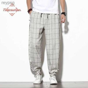 Pantaloni da uomo Primavera/Estate con bottoni a disco Gabbia a scacchi Pantaloni da uomo in cotone traspirante e lino Pantaloni casual da uomo con bottoni Pantaloni alla moda YQ240115