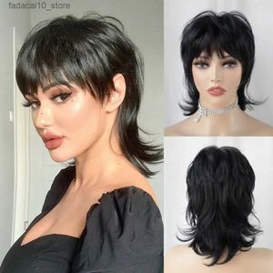 Synthetic Wigs Short Black Shaggy Layered 80s Mullet Wig Pixie Cut Wig With Bangs Curly Synthetic Natural Fake Hair Replacement Wigs For Women Q240115