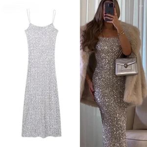 Abiti casual 2024 Paillettes Chic Strap Donna Abito lungo Moda senza maniche Backless Elastico Sexy Evening Club Chrismas Party Robes