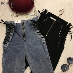 Jeans Jeans Women Laceup Skinny AllMatch Zipper Simple Trendy AnkleLength Trousers Womens Spring Autumn Slim Female High Quality V200