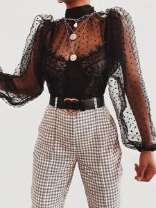 Women's Blouses Black Blouse Women Sexy See Through Shirts Female Summer Lantern Sleeve Mesh Tops Ladies Fashion Polka Dot Loose Bikini