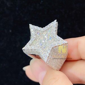 Sterling sier fino gelado fora jóias anéis moda buss down vvs moissanite hip hop masculino diamante estrela anel