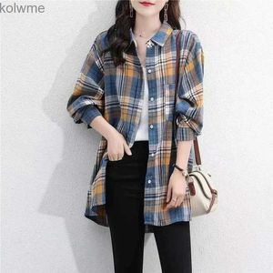 Jaquetas femininas coreano solto xadrez blusa primavera outono novo polo pescoço manga longa all-match plus size camisa topos vintage casual roupas femininas yq240115