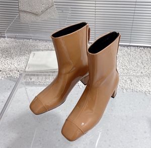 Designer square toe thick heel boots sexy patent leather back zipper Martin boots women's short boot strap box