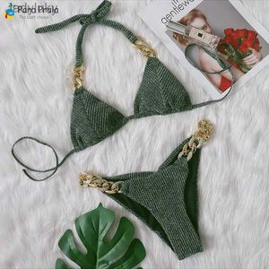 Swim Wear Para Praia Neuer sexy Glitzer-Bikini 2023 Tanga-Badeanzug für Frauen, brasilianischer Bikini-Set, Halter-Badebekleidung, blauer Push-Up-Badeanzug, L240115