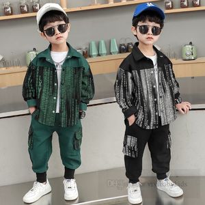 Fashion boys letter printed cargo clothes sets kids lapel long sleeve shirt elastic rib ankers pants 2pcs 2024 spring children casual outfits Z6710
