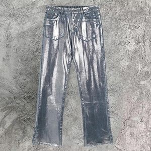 Jeans masculinos primavera brilhante azul prata laser para homens e mulheres 2024 high street elástico hip hop palco perna larga